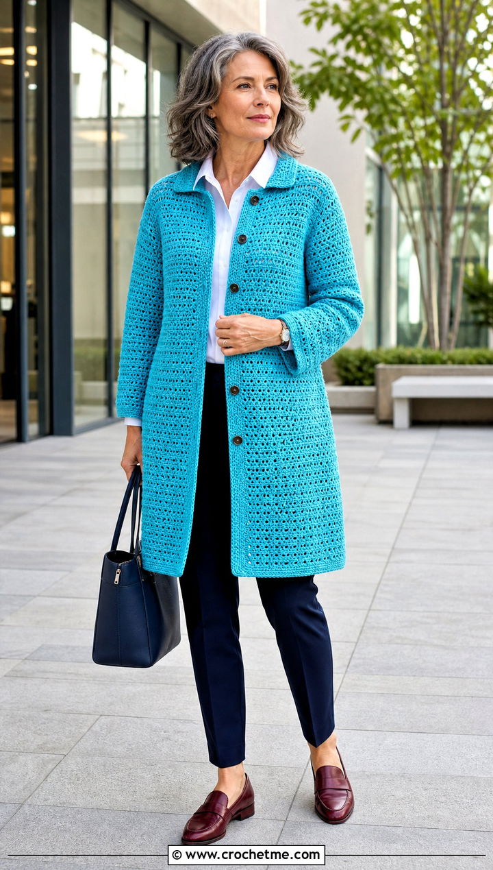 Crochet Car Coat With Cigarette Pants And Loafers - 15 beginner crochet coat outfit ideas