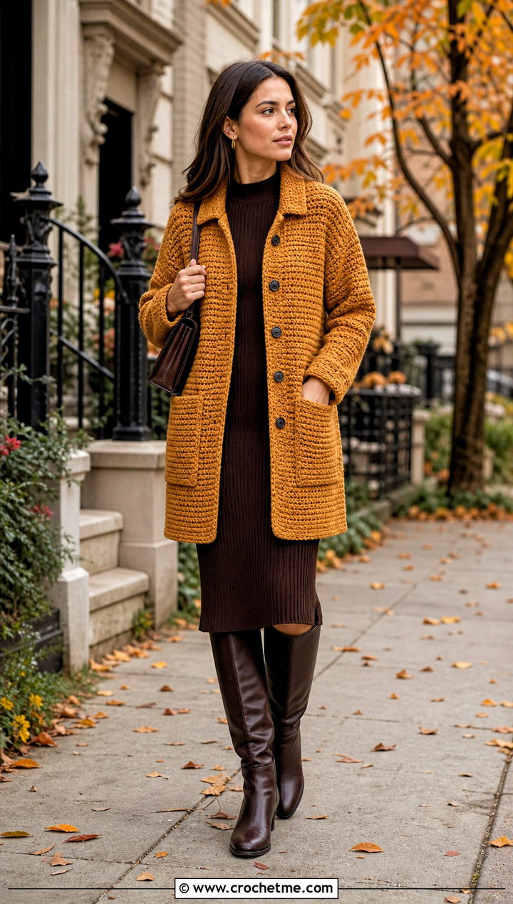 Crochet Car Coat With Midi Dress And Boots - 15 crochet vest coats & jackets outfit ideas