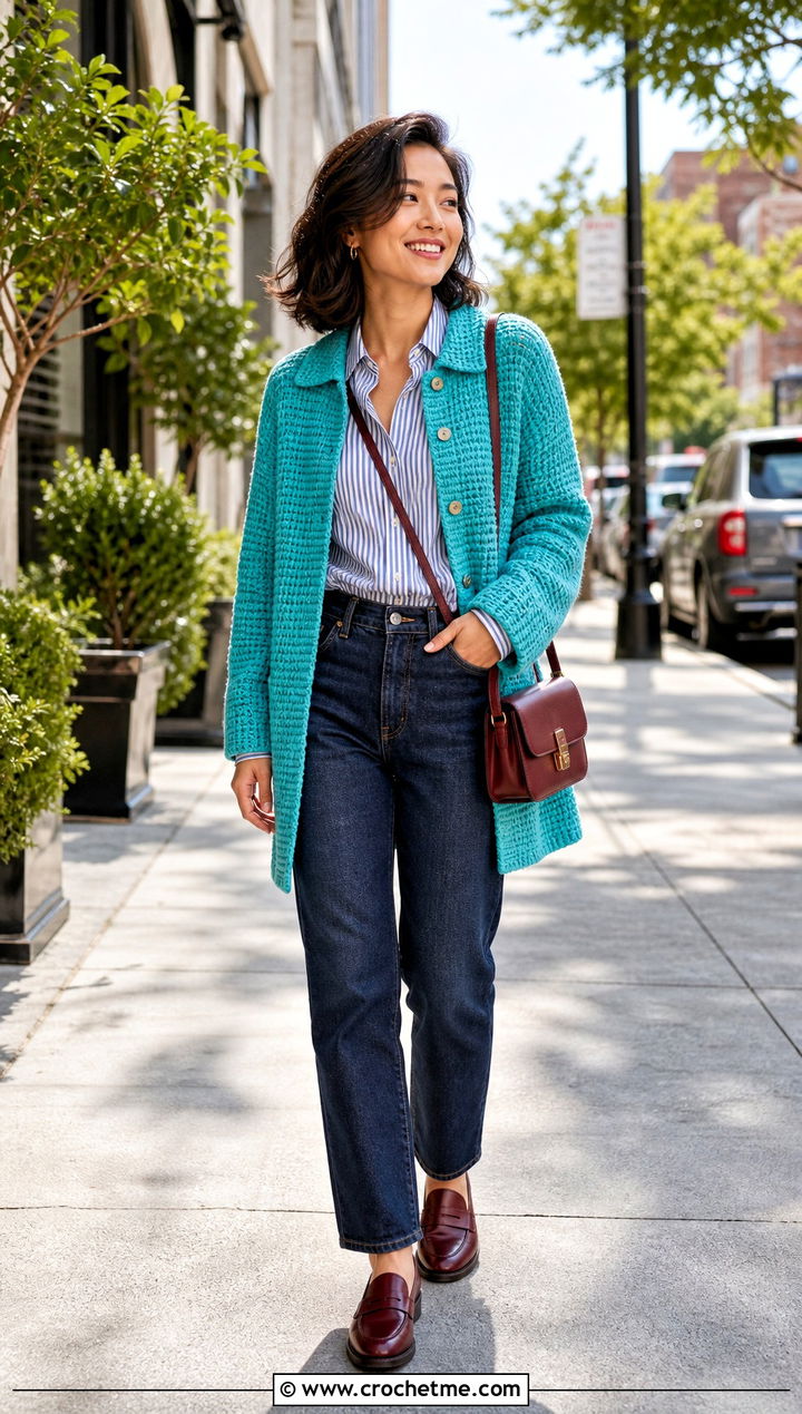 Crochet Car Coat With Straight Leg Jeans - 15 stylish crochet coat design outfit ideas