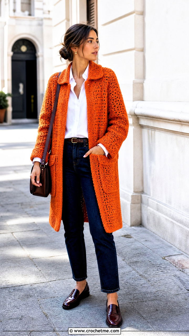 Crochet Car Coat With White Shirt And Loafers - 35 crochet coats outfit ideas