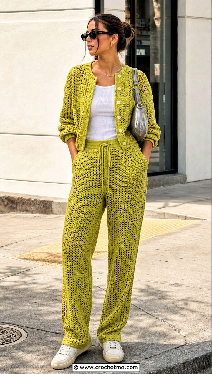 Crochet Cardigan And Drawstring Pants Set - 30 crochet pants set outfit ideas