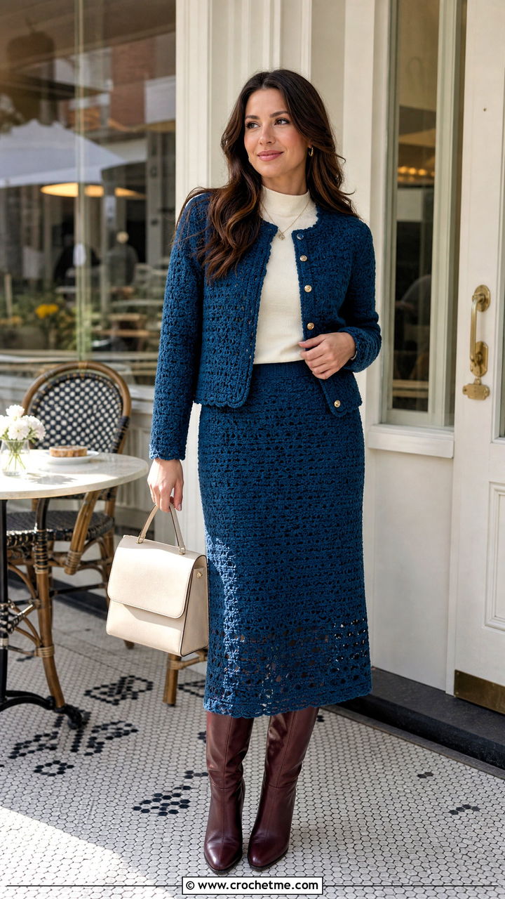 Crochet Cardigan And Midi Skirt Set With Knee Boots - 35 crochet fall clothes and outfit ideas