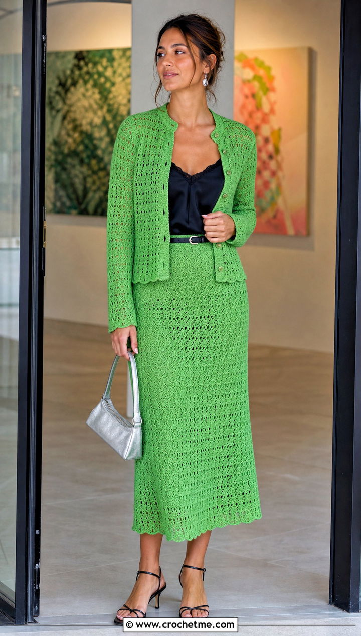 Crochet Cardigan And Midi Skirt Set With Silk Camisole - 25 Crochet Summer Two Piece outfit ideas