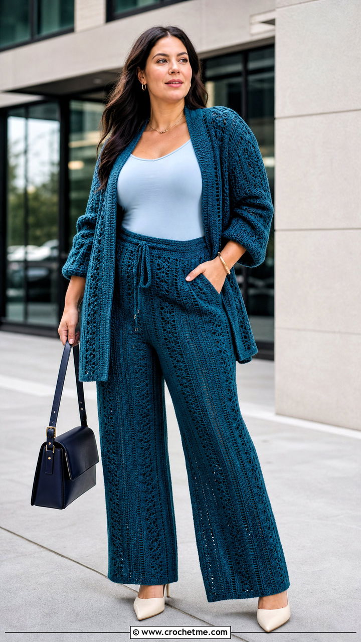 Crochet Cardigan And Wide Leg Pants Set With Bodysuit - 35 crochet set outfit ideas