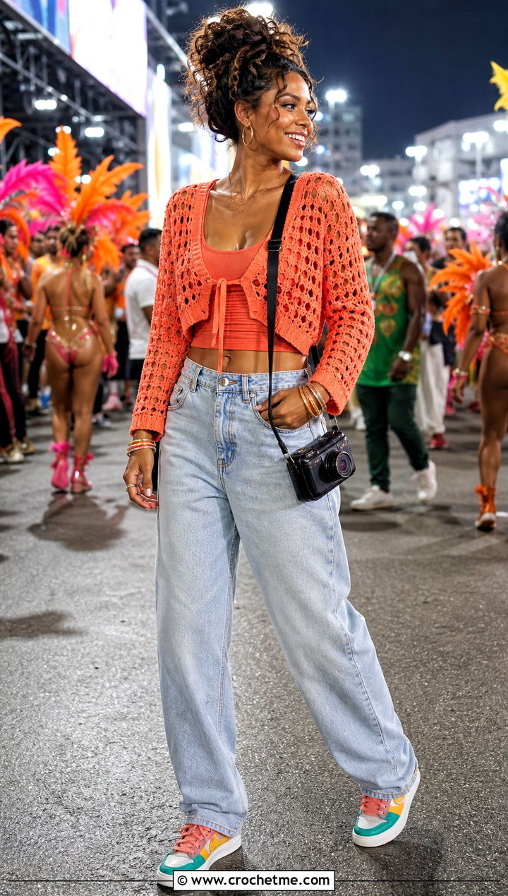 Crochet Cardigan Carnival Outfit With Matching Tank And Jeans - 30 crochet carnival outfit ideas