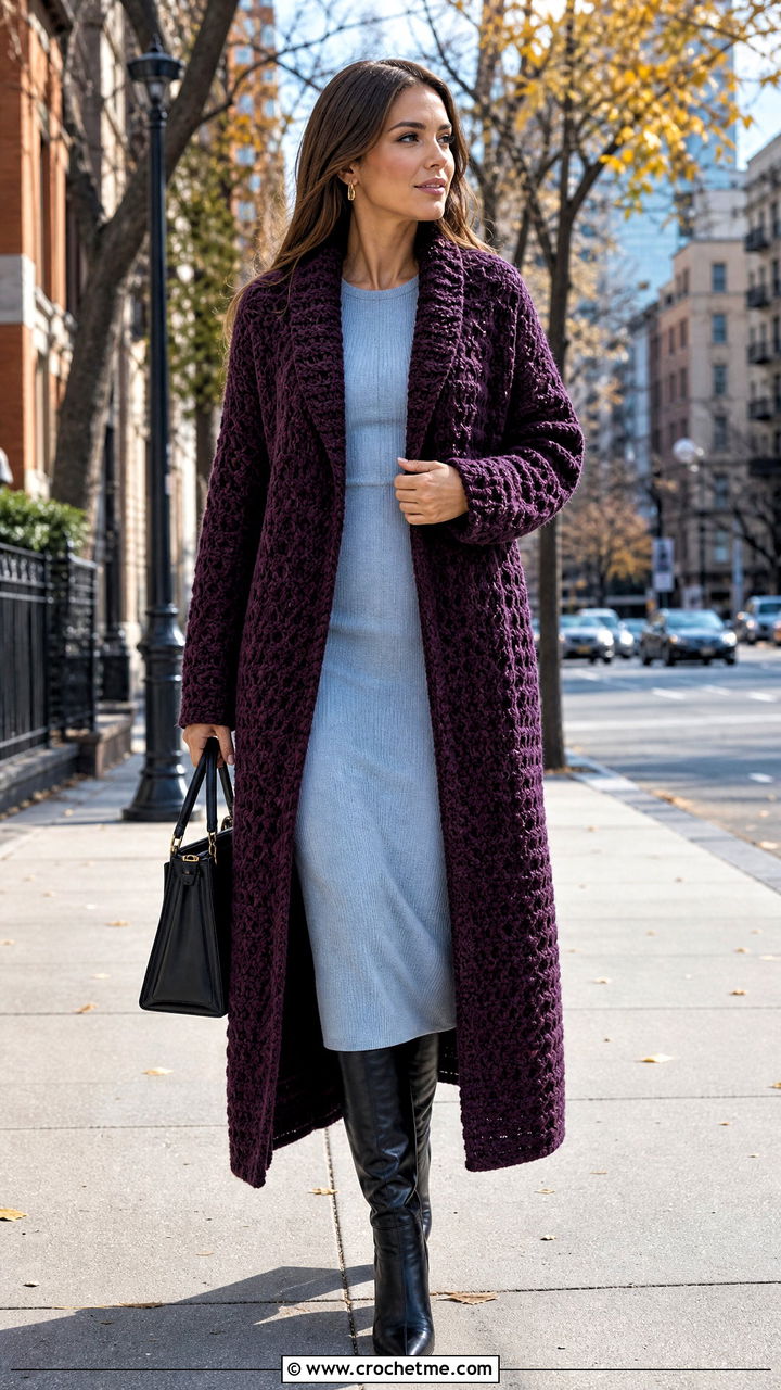Crochet Cardigan Coat With Knit Dress And Boots - 35 crochet cardigan for women outfit ideas