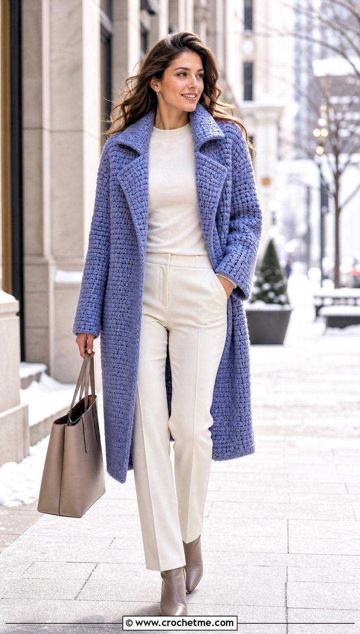 Crochet Cardigan Coat With Monochrome Basics - 30 fast crochet cardigan outfit ideas