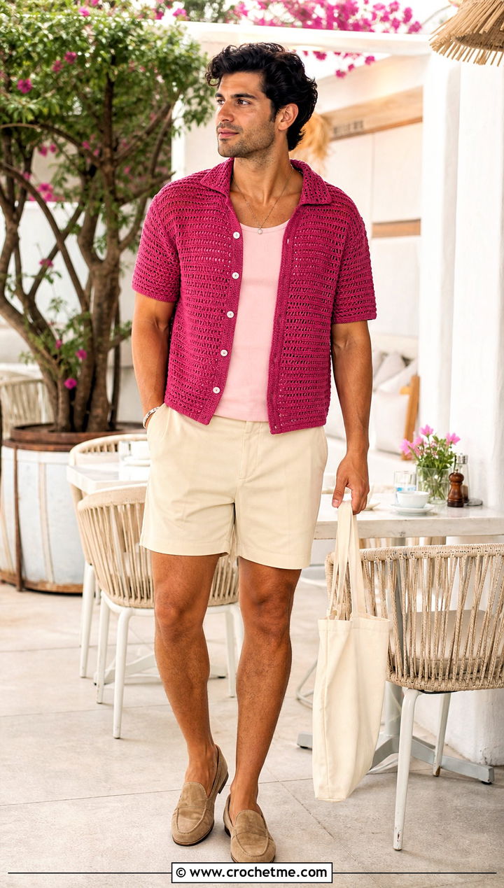 Crochet Cardigan Crop Top With Chino Shorts - 25 Men Crochet Crop Top outfit ideas