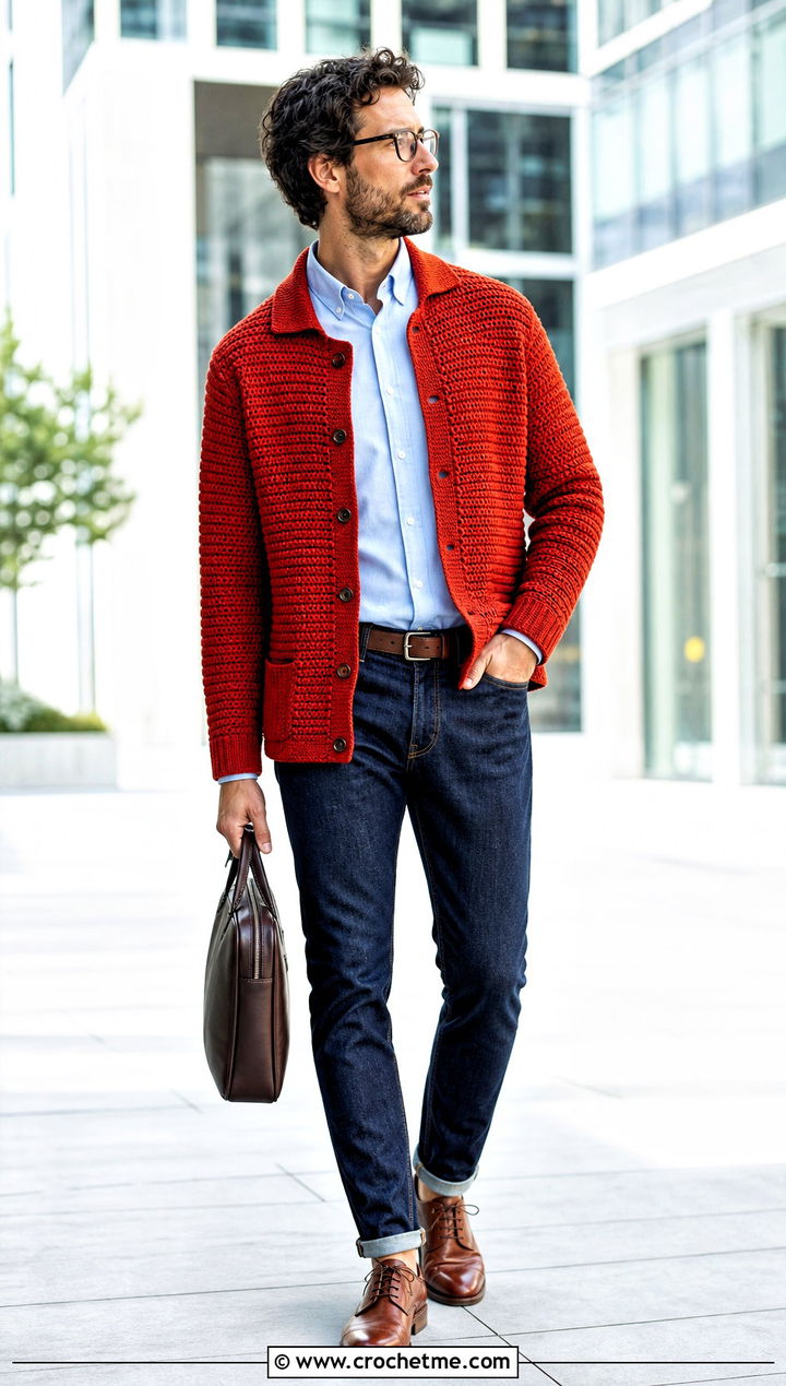 Crochet Cardigan Jacket With Dress Shirt And Jeans - 35 mens crochet cardigan outfit ideas