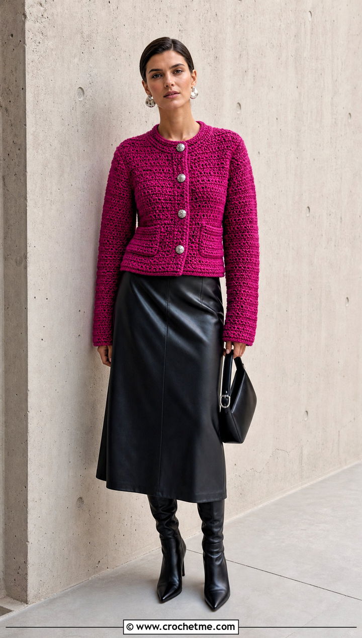 Crochet Cardigan Jacket With Leather Midi Skirt - 25 elegant crochet cardigan outfit ideas