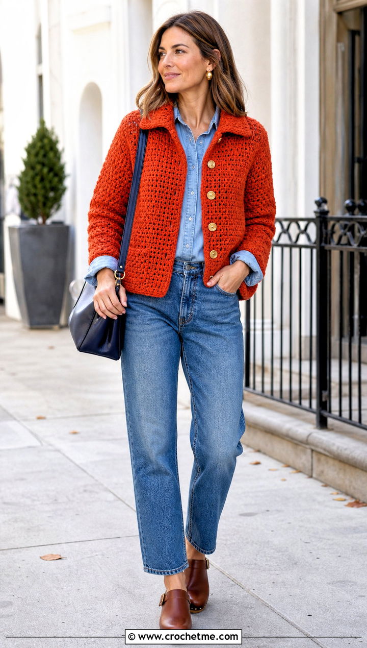 Crochet Cardigan Jacket With Matching Denim - 30 bulky yarn crochet sweater outfit ideas