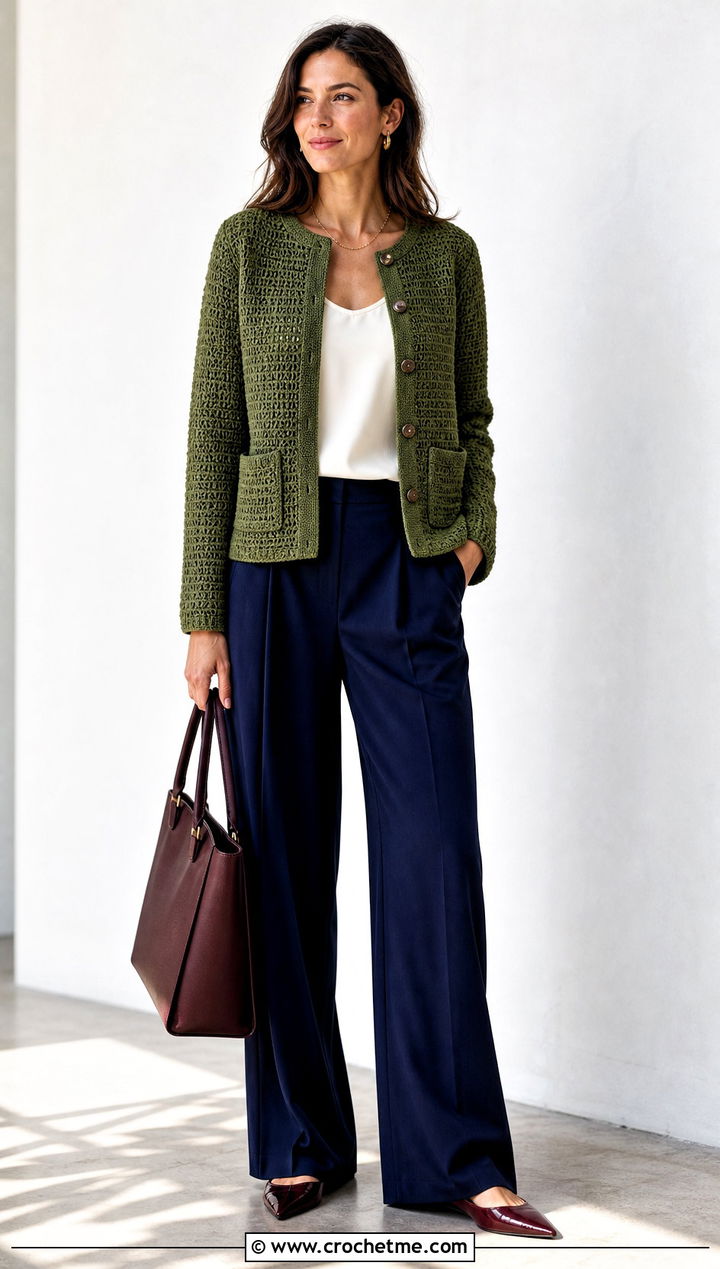 Crochet Cardigan Jacket With Wide Leg Trousers - 30 Crochet Button Sweater outfit ideas