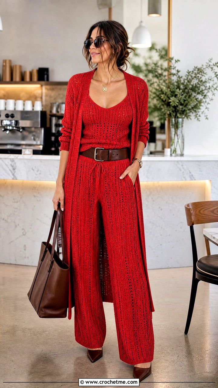 Crochet Cardigan Pajama Set With Wide Belt - 35 crochet pajama set outfit ideas