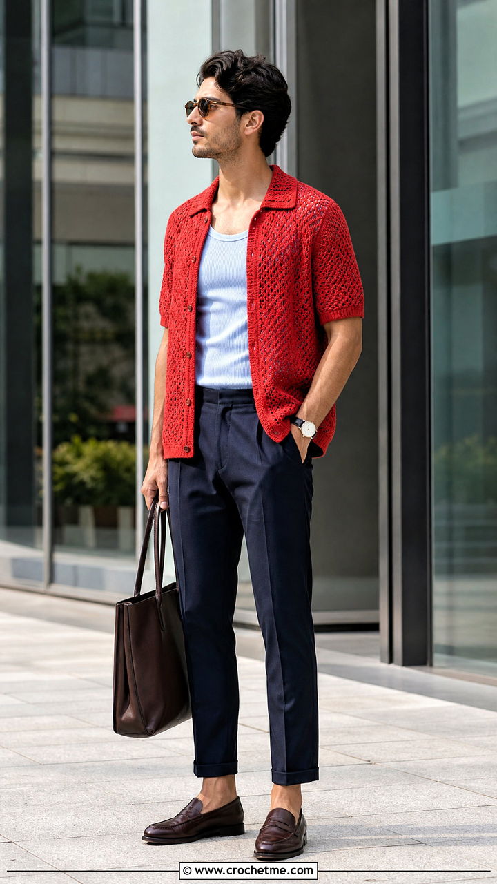Crochet Cardigan Shirt With Cropped Trousers - 35 crochet mens shirt outfit ideas