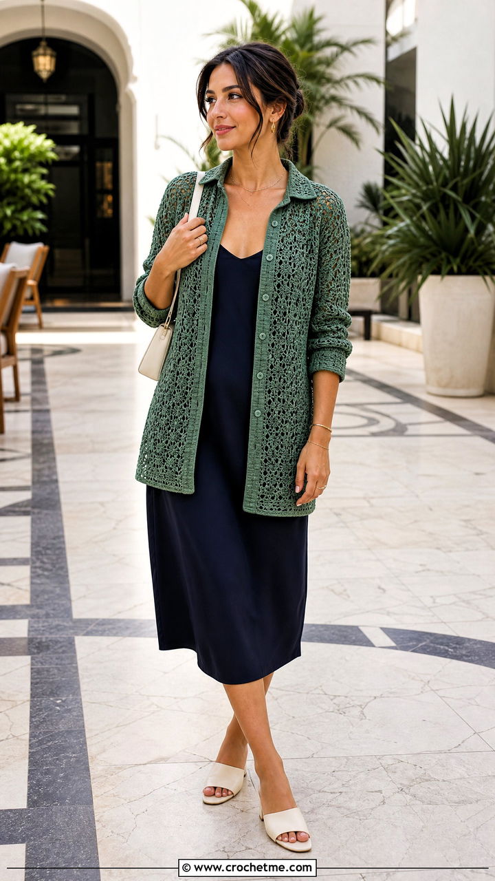 Crochet Cardigan Shirt With Slip Dress - 35 crochet collared shirt outfit ideas