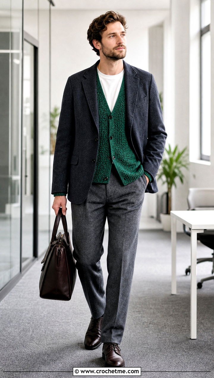 Crochet Cardigan Sweater With Blazer And Wool Pants - 30 Easy Crochet Mens Sweater outfit ideas
