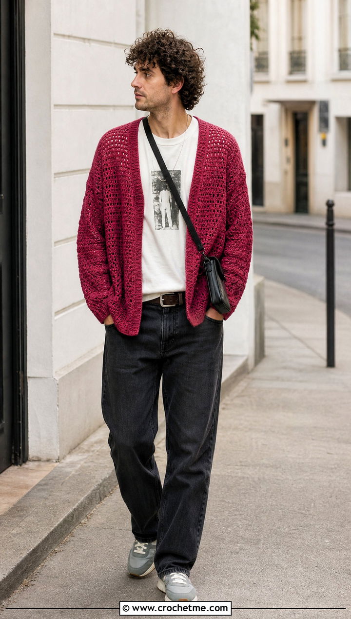 Crochet Cardigan Sweater With Graphic T Shirt - 25 man crochet sweater outfit ideas