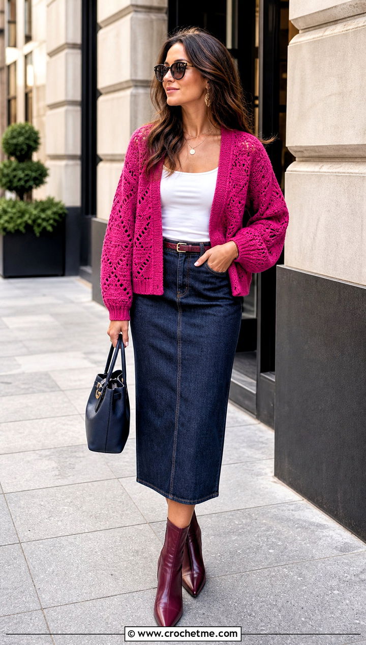 Crochet Cardigan Sweater With Matching Denim - 30 crochet women sweater outfit ideas