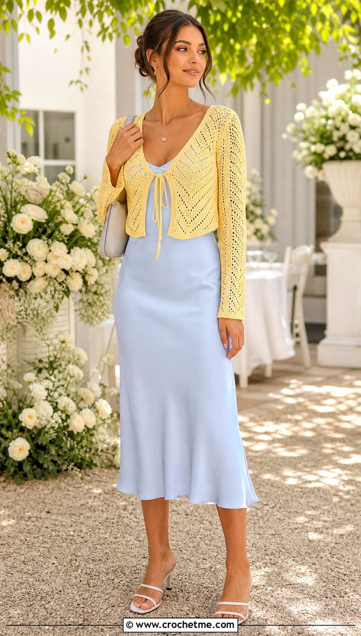 Crochet Cardigan Sweater With Slip Dress - 15 Summer Style Crochet Sweater outfit ideas