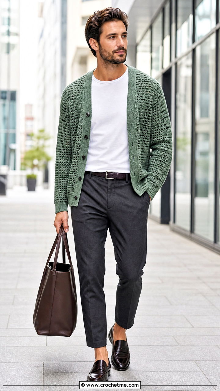 Crochet Cardigan Sweater With T Shirt And Cropped Trousers - 35 crochet sweater for men outfit ideas