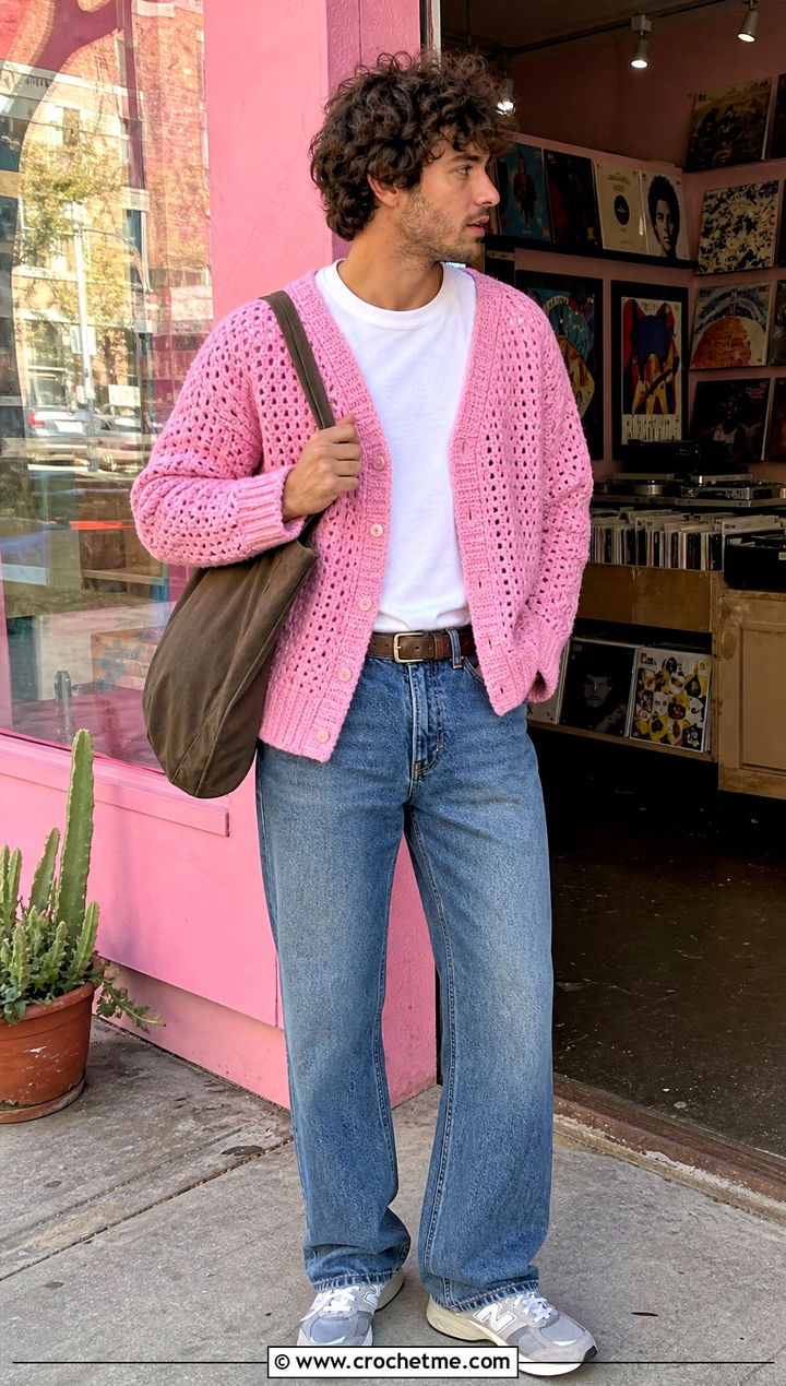 Crochet Cardigan Sweater With T Shirt And Jeans - 25 Mens Crochet Sweaters outfit ideas