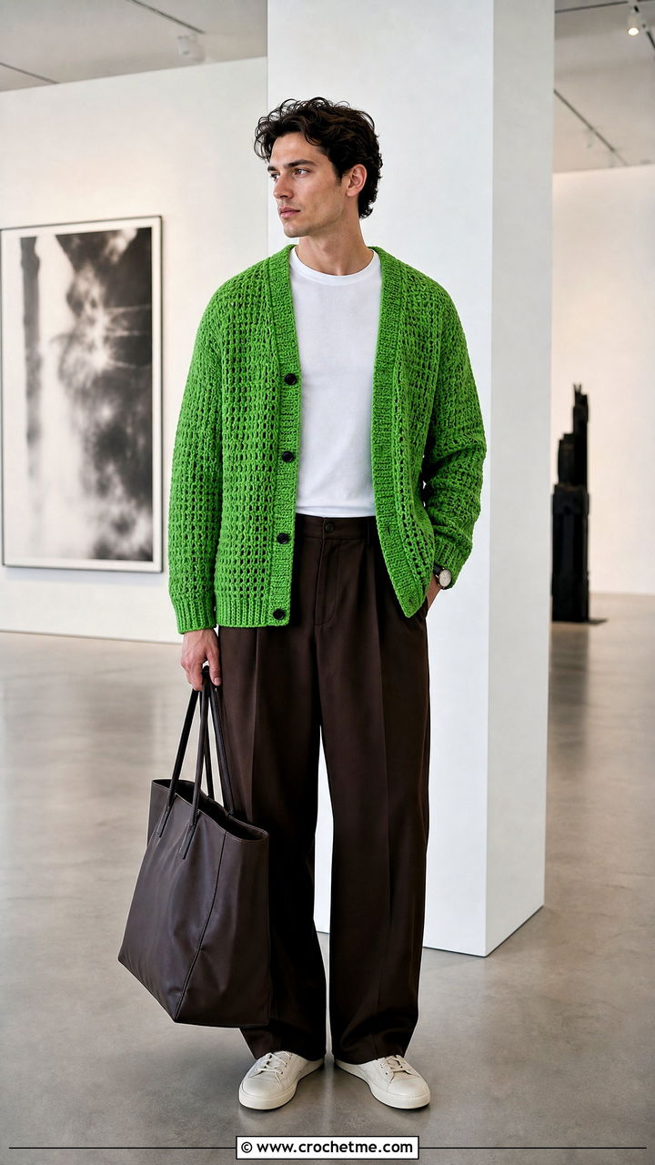 Crochet Cardigan Sweater With Wide Leg Trousers - 35 men crochet sweater outfit ideas