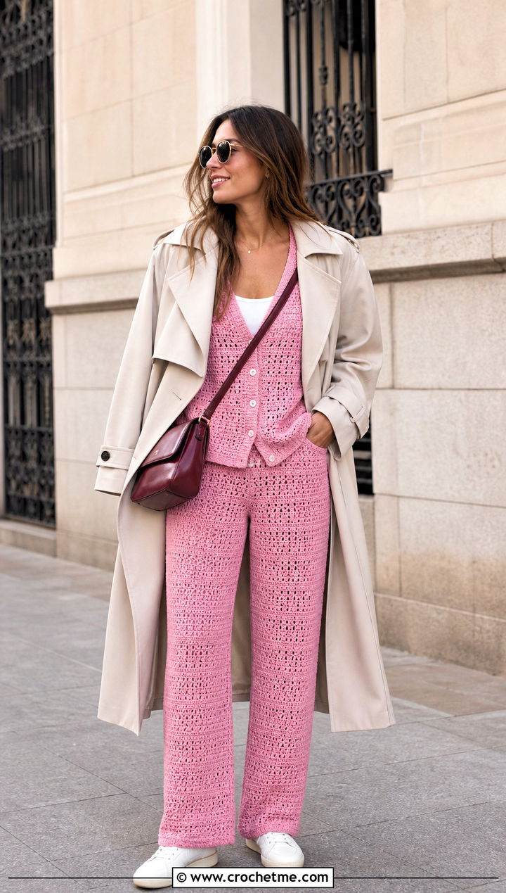 Crochet Cardigan Top And Straight Leg Pants Set - 30 crochet top and bottom set outfit ideas