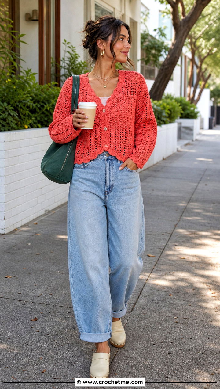 Crochet Cardigan Top With Barrel Leg Jeans - 35 spring crochet top outfit ideas