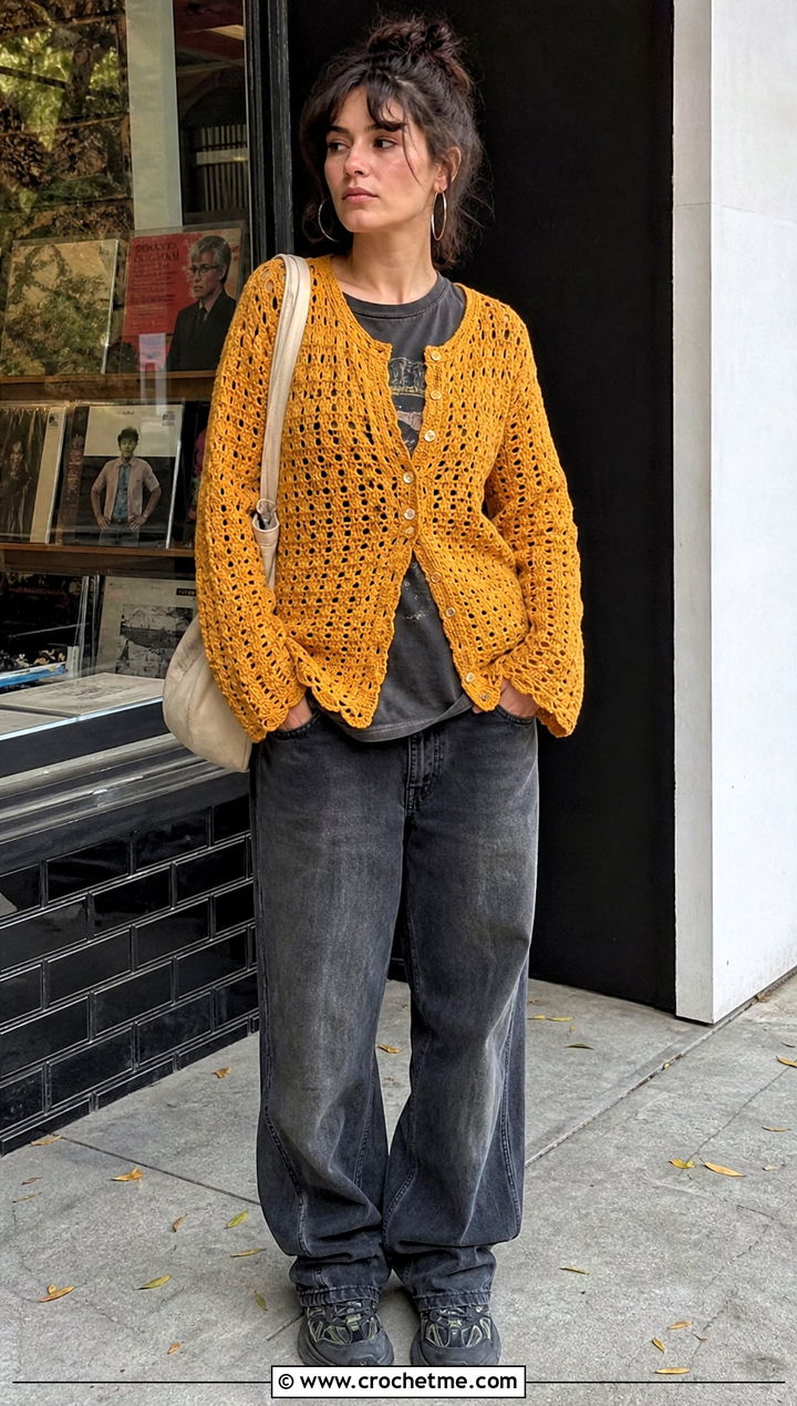 Crochet Cardigan Top With Graphic T Shirt - 35 grunge crochet top outfit ideas