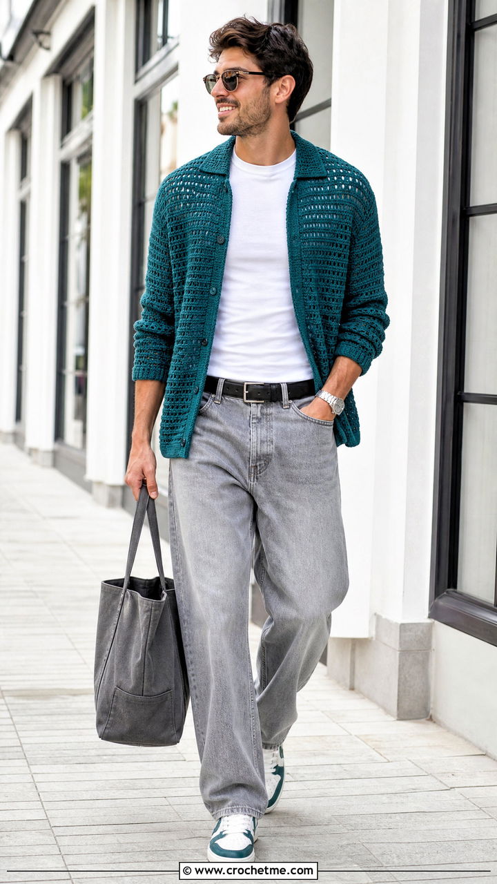 Crochet Cardigan Top With White T Shirt And Jeans - 35 crochet top men outfit ideas