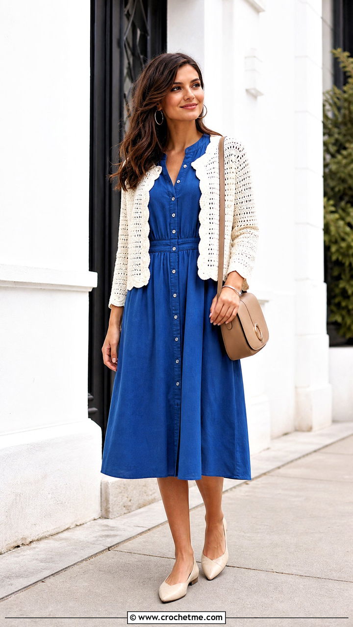 Crochet Cardigan With A Button Front Midi Dress And Flats - 35 crochet cardigan outfit ideas