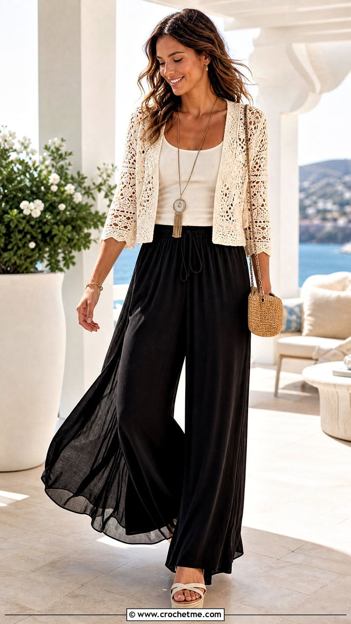 Crochet Cardigan With A Camisole And Palazzo Pants - 35 crochet cardigan outfit ideas
