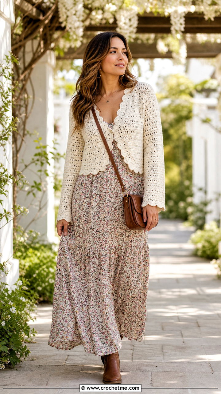 Crochet Cardigan With A Floral Maxi Dress And Boots - 35 crochet cardigan outfit ideas