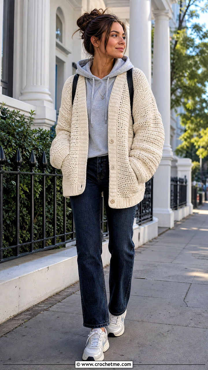 Crochet Cardigan With A Hoodie And Straight Jeans - 35 crochet cardigan outfit ideas