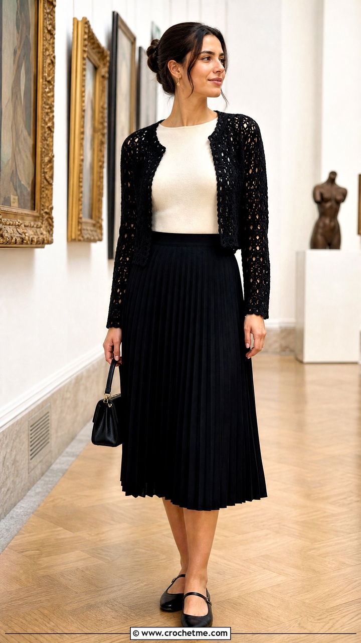 Crochet Cardigan With A Pleated Skirt And Mary Jane Shoes - 35 crochet cardigan outfit ideas