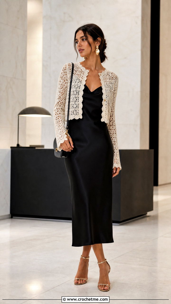 Crochet Cardigan With A Satin Slip Dress And Heels - 35 crochet cardigan outfit ideas