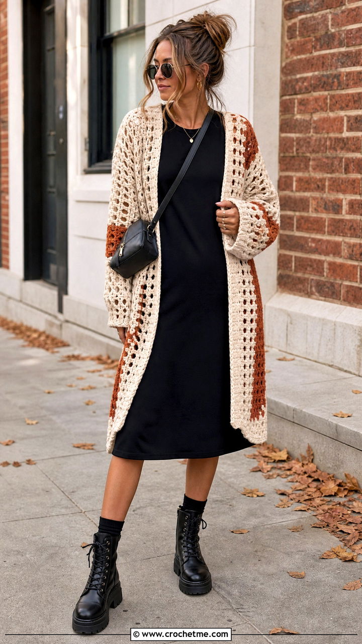 Crochet Cardigan With A T Shirt Dress And Combat Boots - 35 crochet cardigan outfit ideas