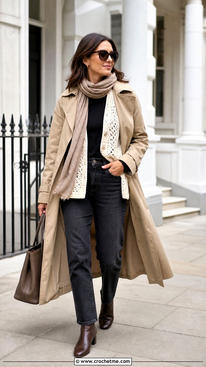 Crochet Cardigan With A Trench Coat And Dark Denim - 35 crochet cardigan outfit ideas