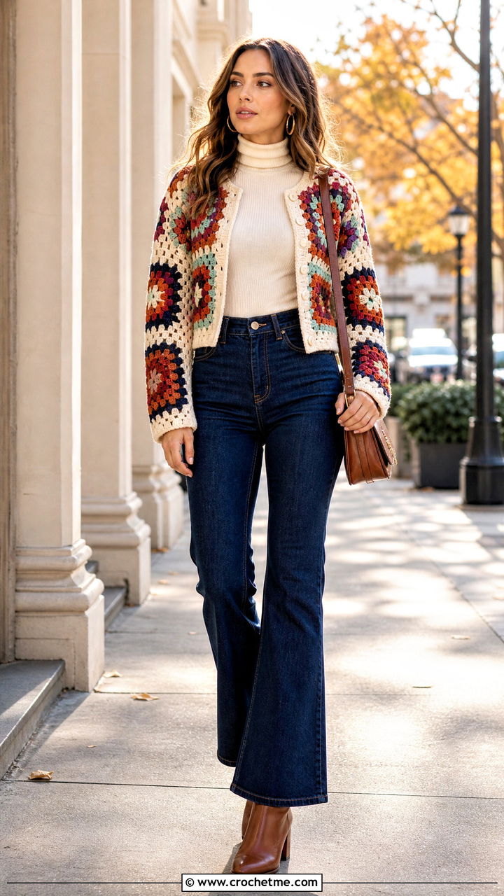 Crochet Cardigan With A Turtleneck And Flared Jeans - 35 crochet cardigan outfit ideas