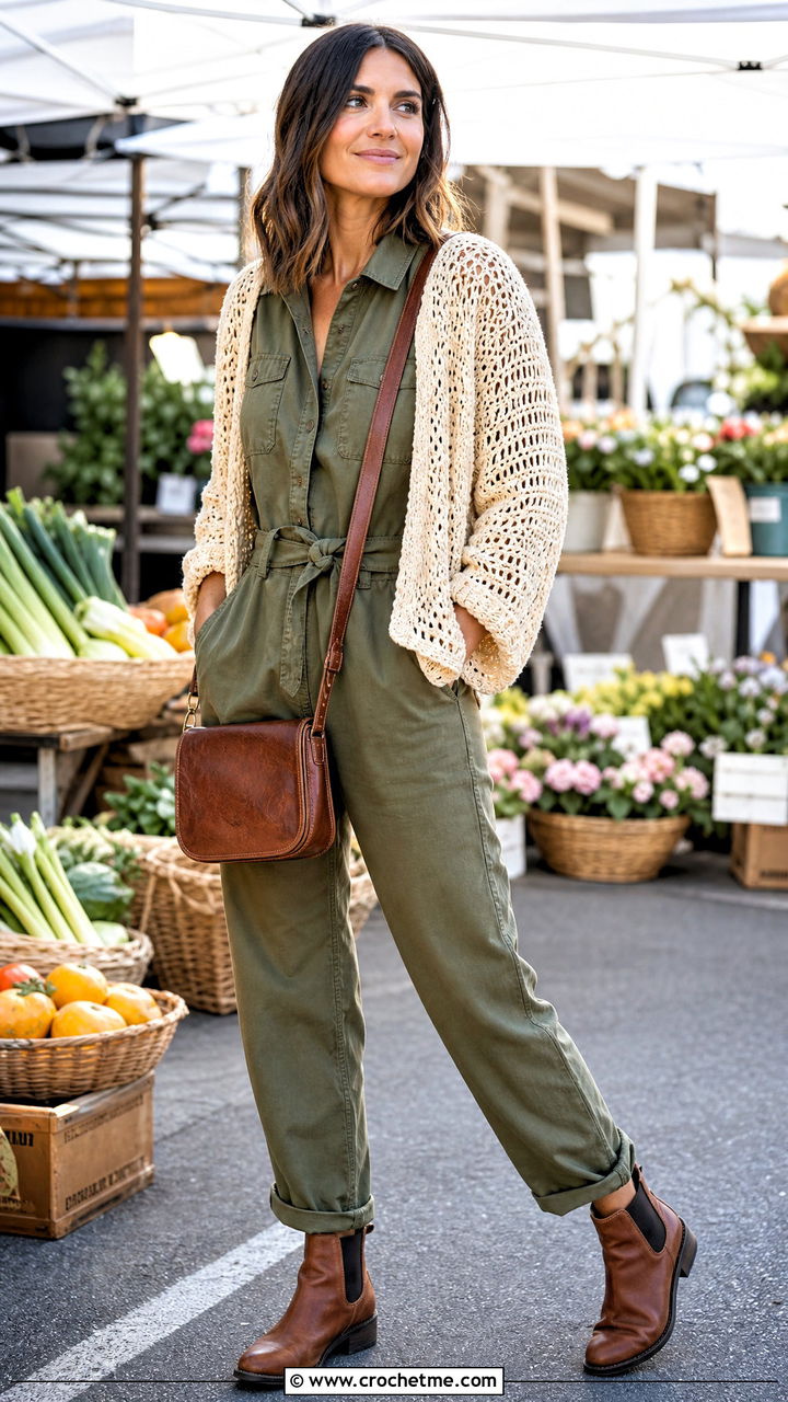Crochet Cardigan With A Utility Jumpsuit And Boots - 35 crochet cardigan outfit ideas