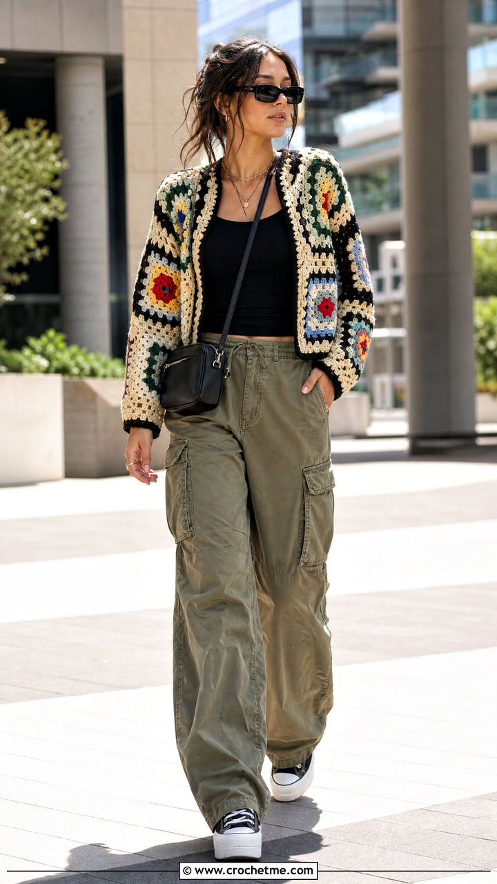 Crochet Cardigan With Cargo Pants And Platform Sneakers - 35 crochet cardigan outfit ideas