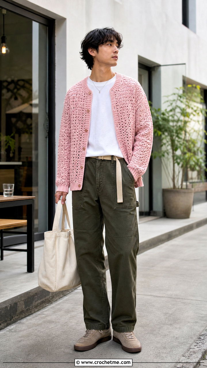 Crochet Cardigan With Carpenter Pants - 35 crochet outfits for men outfit ideas