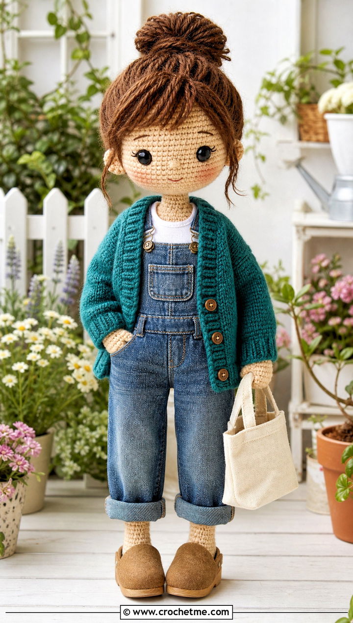 Crochet Cardigan With Denim Overalls - 15 Clothes For Amigurumi outfit ideas