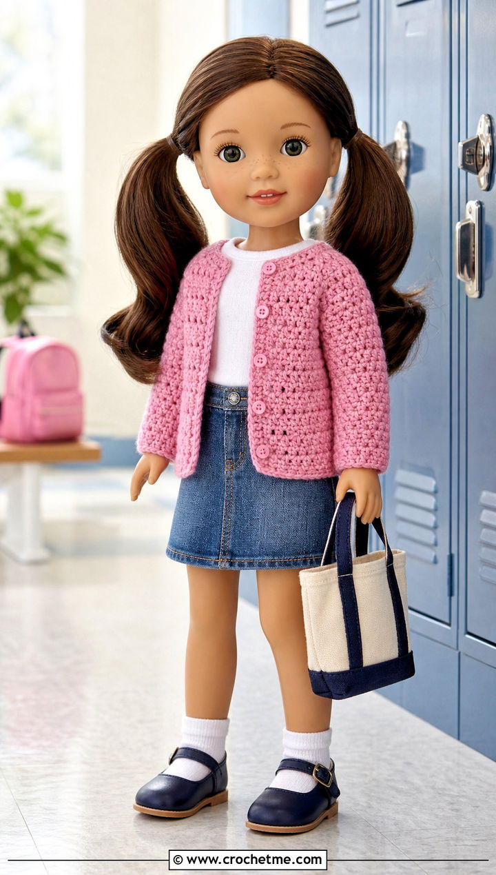 Crochet Cardigan With Denim Skirt - 15 Crochet Wellie Wishers Doll Clothes and outfit ideas