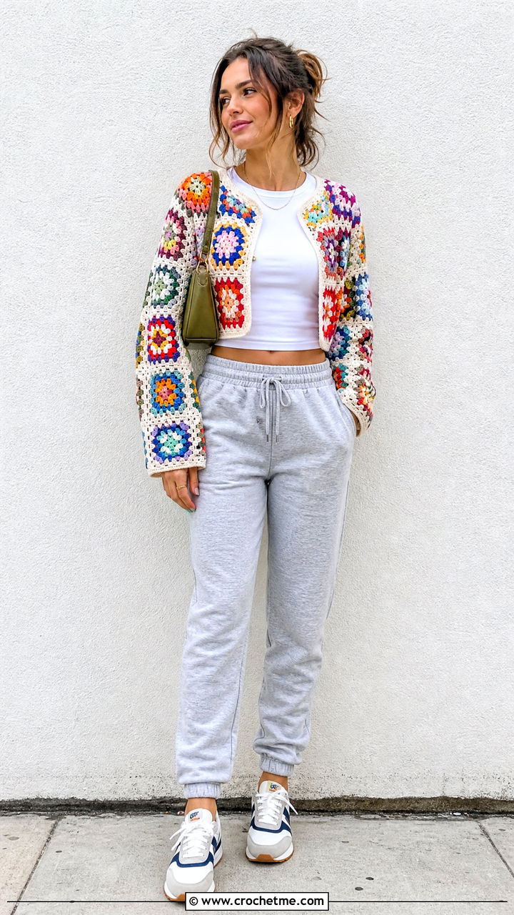 Crochet Cardigan With Joggers And Retro Sneakers - 35 crochet cardigan outfit ideas