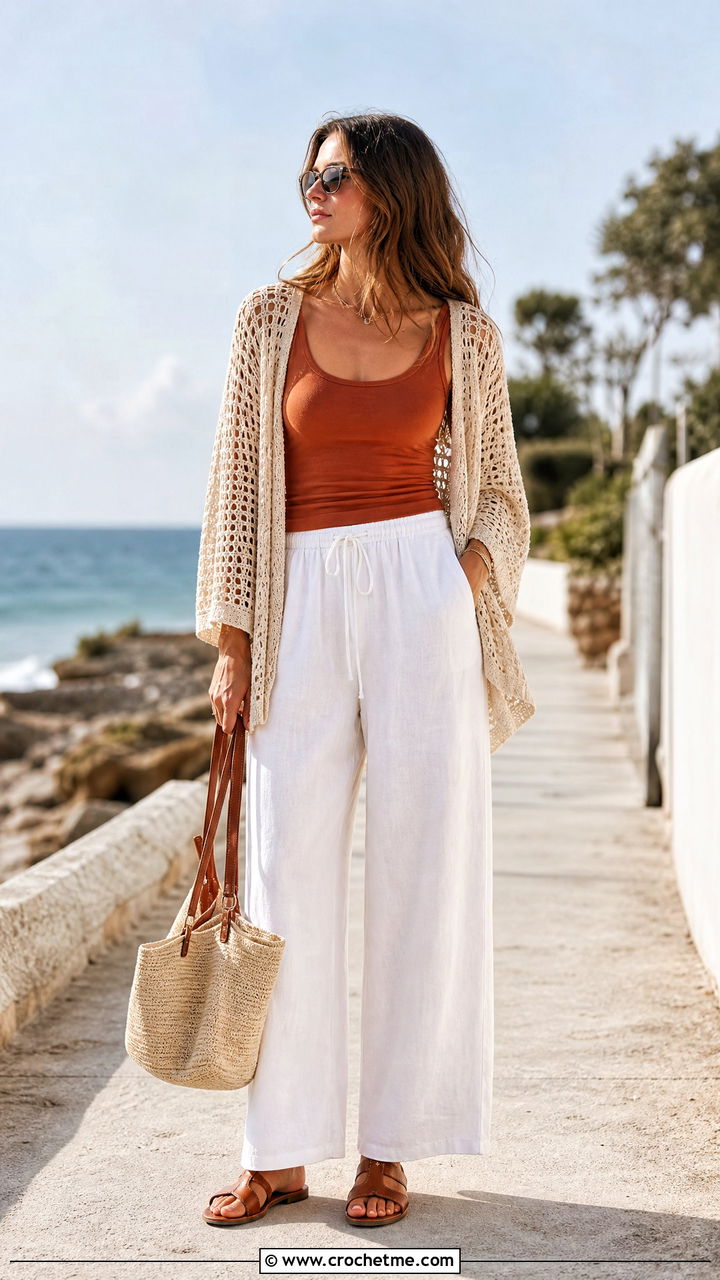 Crochet Cardigan With Linen Pants And Leather Sandals - 35 crochet cardigan outfit ideas