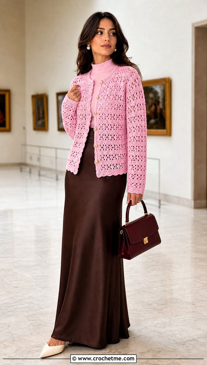 Crochet Cardigan With Satin Maxi Skirt - 35 Modest Crochet Outfit Ideas