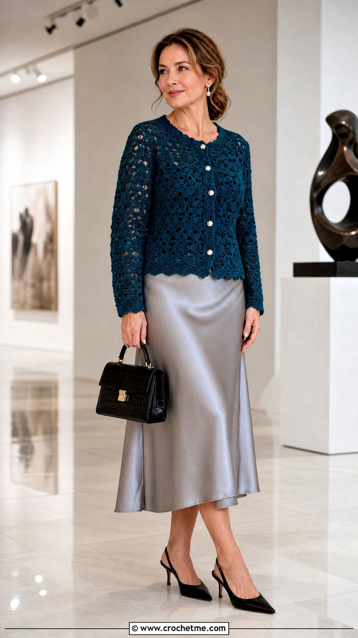 Crochet Cardigan With Satin Midi Skirt - 35 crochet clothing and outfit ideas