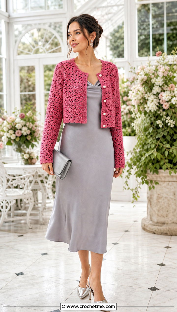 Crochet Cardigan With Satin Slip Dress - 25 Crochet Wedding Outfit ideas