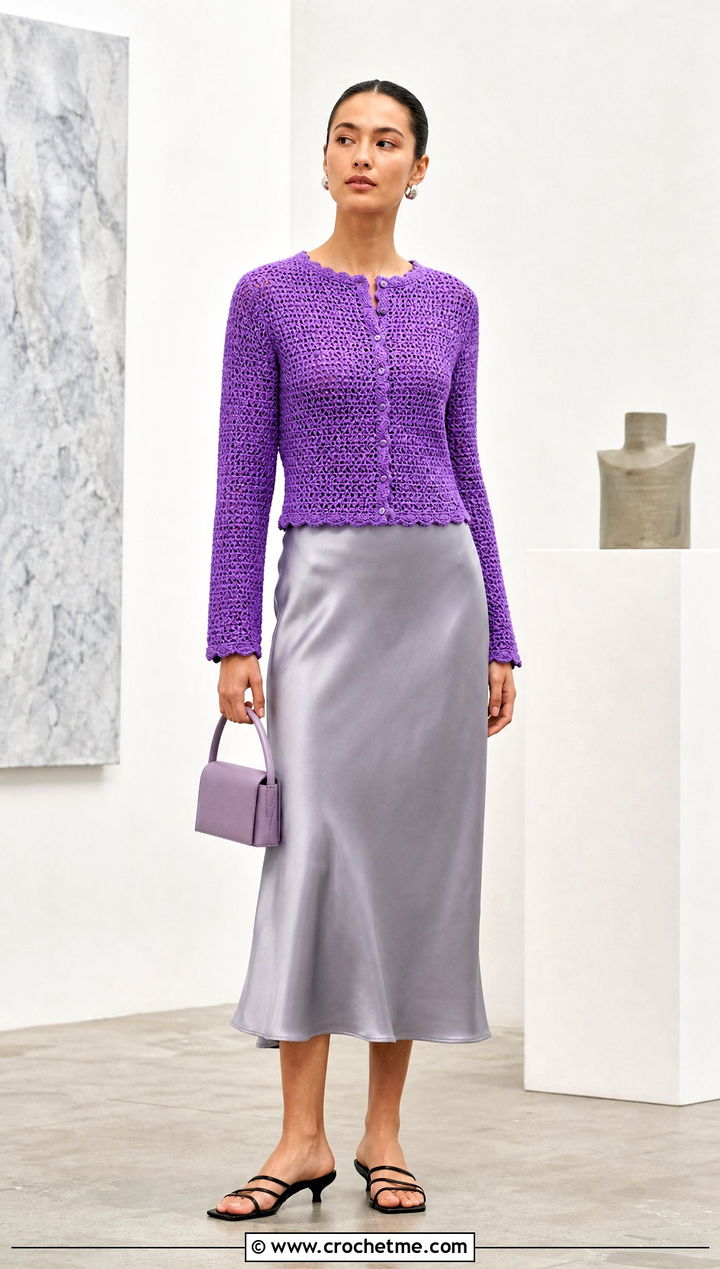 Crochet Cardigan With Satin Slip Skirt - 30 full crochet outfit ideas
